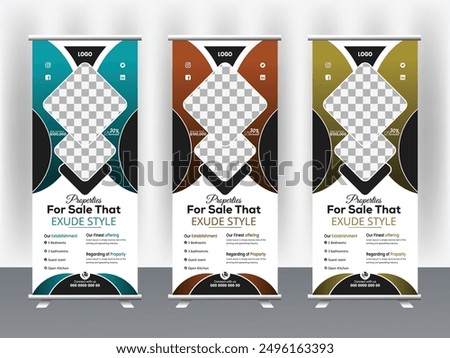 Real estate home sale roll up banner template with creative design and creative layout redy for print 3 color aditable size 31.9 x 79 inches with Bleed 1 inches	

