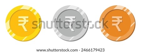 Rupees coin in golden color. Indian currency with shiny effect vector illustration in gold, silver and bronze color. Rupee coin vector.