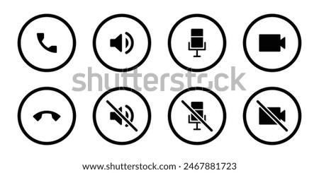 Video call icon set in circle for user interface design calling application stroke style in black color. Sound, microphone, video camera, phone, sound off, microphone off, camera off symbol.