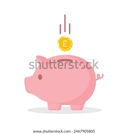 Piggy bank with Pound currency coin vector illustration in pink color. Saving, investing and accumulation money. Pig in a flat style. Cute pig shaped money box with falling British gold coin.