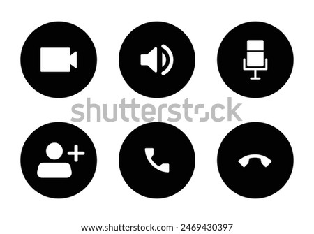 Video call icon set with microphone, call accept, call reject, conference and speaker symbol. Accept and reject call icon set in black and white color calling icon vector collection.