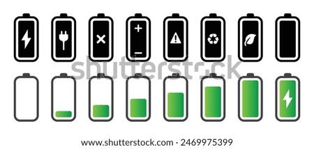 Battery charging process and issues icon set 0 to 100 in black and green color. Battery symbols with flash, charging, dead, plus, minus, caution, exclamation, recycle, reuse, and battery saver signs.