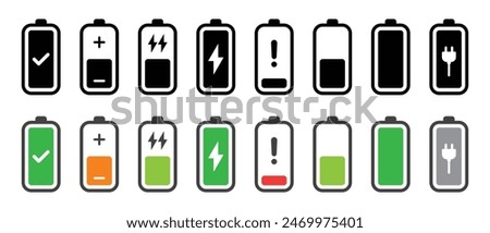 Battery fast charging features and issues icon set in black and colorful style. Battery symbols with fast charging,  exclamation, low, plus, minus, tick and full charge signs