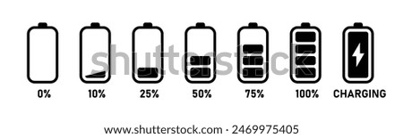 Charging battery icon set with 0,% 25%, 50%, 75%, 100% indicator in black and white. Battery charge flat icons. charge indicator. Vector battery power icon powerfully charged. Vector illustration.