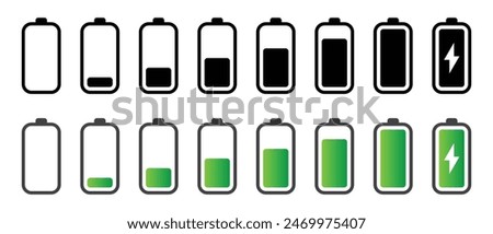 Battery charging process icon set 0 to 100 in black and green color. Set of vertical battery level indicators in percentage vector. Battery indicator symbols. 0, 100