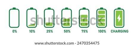 Charging battery icon set with 0,% 25%, 50%, 75%, 100% indicator in green. Battery charge flat icons. Charge indicator. Vector battery power icon powerfully charged. Vector illustration.