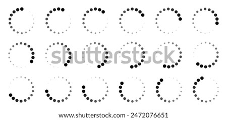 Decreasing circle size buffering symbol set in 18 shaded of black colour. Decreasing circle progressing, processing, loading or buffering indicator symbol set of eighteen shades of black colour.