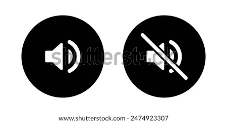 Loudspeaker and mute icon set for user interface design elements in black and white color. Speaker on and speaker off symbol. Sound on and off icon. Ring and silent mode icon vector. 