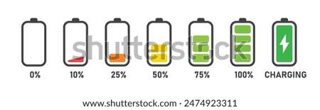Charging battery icon set with 0,% 25%, 50%, 75%, 100% indicator in colorful style. Battery charge flat icons. Charge indicator. Vector battery power icon powerfully charged. Vector illustration.