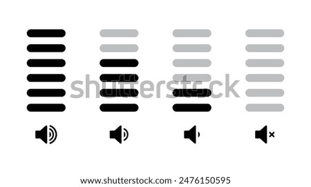 Volume increase interface design set in vertical style for smartphone and other devices in black color. Volume levels set.