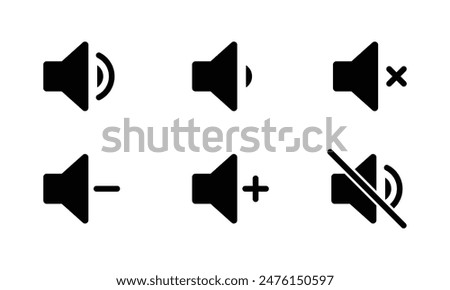 Volume ring, mute, silent, volume increase and volume decrease icon set in black color. Sound icons set with different signal levels on white background. Sound icon, volume symbol, speaker sign