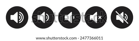 Speaker icon set with ring, mute, 50% volume and silent for smartphone user interface in black color. Sound volume icons set with different signal levels on white background. Sound icon, volume symbol