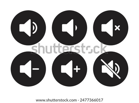 Speaker icon set with ring, mute, 50% volume, silent, increase and decrease symbol in circle in black white color