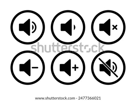 Speaker icon set with ring, mute, 50% volume, silent, increase and decrease symbol in circle in black white color stoke style