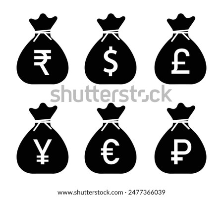 Money sack icon set with dollar, rupee, pound, yen, yuan, euro and ruble symbol. Set of money symbols vector. Popular currency symbol set. Currency icons vector illustration.