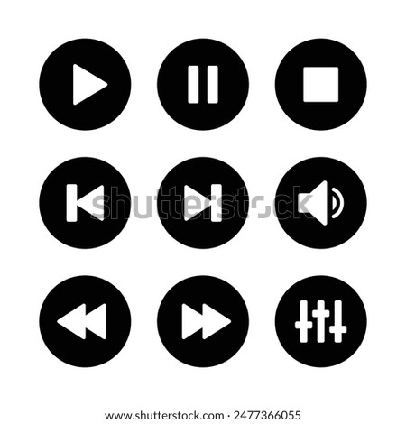 Music player icon set with play, pause, next, previous like and settings symbol in black and white color. Media Player Buttons icon set, Play and pause buttons sign, Video Audio Player button symbol.