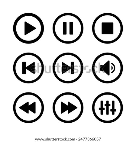 Music player icon set with play, pause, next, previous like and settings symbol in stroke style in black and white color. Media Player Button icon set, Play and pause buttons sign, Video Audio Player.