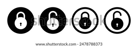 Lock and unlock icon set in circle and stroke style in black and white color. Lock icon collection. Locked and unlocked black stroke icon. Flat security symbol. Vector Icon.