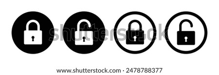 Lock and unlock icon set in circle and stroke style in black and white color in square style. Lock icon collection. Locked and unlocked black stroke icon. Flat security symbol. Vector Icon.