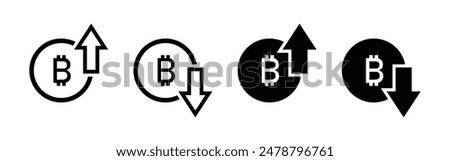 Bitcoin price increasing and decreasing icon set in black and white color. Currency rising and falling symbol set. Bitcoin with up and down arrow with outline and fill isolated on white background.