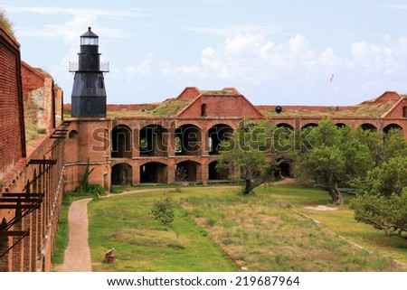 Fort Jefferson, a United States Army outpost built in the 19th century, features an inner courtyard and a lighthouse.