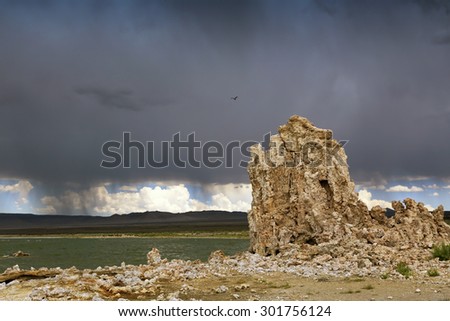 Bands of rain called virga descend from heavy storm clouds above the tufa rock formations at Mono Lake.