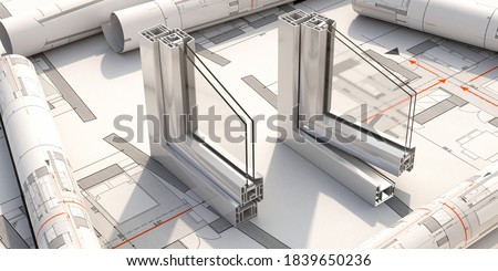 Aluminum frames open and closed on blueprint background. PVC metal silver color windows and doors profile detail cross section.  3D illustration