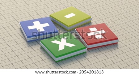 Basic mathematical signs. Math symbols on grid square background. Colorful blocks, mathematics operations concept. Elementary school students class. 3d illustration