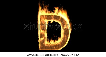 Fire alphabet letter D, flaming burn font. Burning flame text with smoke and fiery effect. Hot glowing design element isolated on black background. 3d illustration Foto d'archivio © 