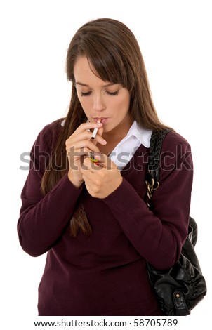 Teenage Girl Lighting Cigarette Isolated On White Stock Photo 58705789 ...