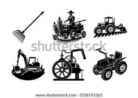 Vector Icons of Agriculture Machines: O-Rake, Paddy Transplanter, Plow, Post Hole Digger, Power Harrow Pumps, Power Tiller silhouette vector illustration.