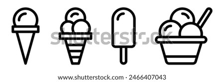 Vector illustrations of ice cream in various forms including cones, popsicle, and cup. Editable stroke.