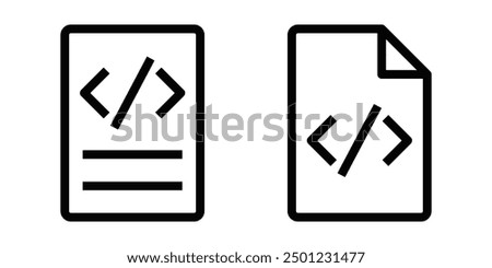 Vector illustration of two black and white code document icons with HTML brackets in a minimalist style. Editable stroke.