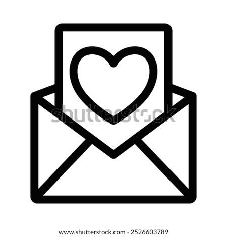 Black outline icon of an open envelope with a heart, symbolizing love, affection, or romantic messages like a love letter or greeting card. Editable stroke.