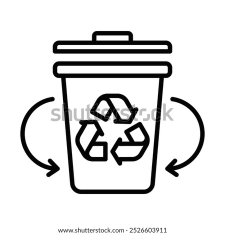 Black outline recycling bin icon with circular arrows, symbolizing reuse, reduce, and sustainability in waste management. Editable stroke.