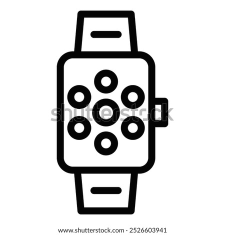 Smartwatch icon with multiple dots in black outline. Vector illustration representing apps, notifications, or digital interface. Editable stroke.