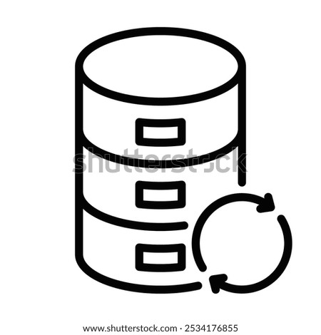 Black and white vector icon of a database with a refresh symbol, representing data synchronization and cloud backup. Editable stroke.