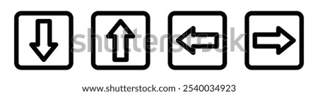 Four directional arrows inside squares, showing down, up, left, and right directions. Vector icon set. Editable stroke.