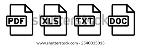 Outline icons of document files labeled PDF, XLS, TXT, and DOC. Ideal for office, organization, or data concepts. Vector illustration. Editable stroke.