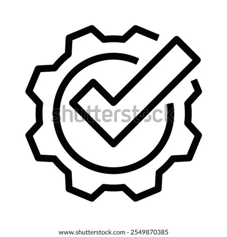 Minimalist vector icon of a gear with a checkmark, representing quality, approval, and mechanical processes. Editable stroke.