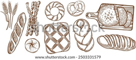 Bread set on a white background vector. Sketch. Line art. Bakery products - whole wheat bread, sliced bread, bread sticks, bagel, French baguette, bun, loaf, pretzel, pigtail, cutting board