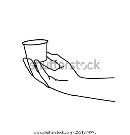 icon of a hand holding a small cup. line art of hand and small cup. small cup design element. vector illustration.