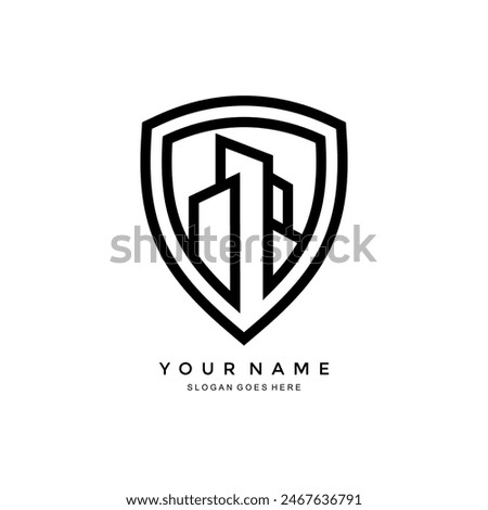 shield and building logo. vector illustration of a building line icon inside a shield. suitable for building security identity, real estate security services and others