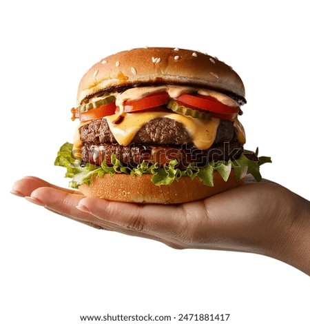 Similar – Image, Stock Photo Hands holding a cheeseburger with lettuce and tomato