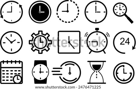 Time and clock vector linear icons set. Time management. Timer, speed, alarm, recovery, time management, calendar and more. Isolated collection of time for web sites icon on white background.