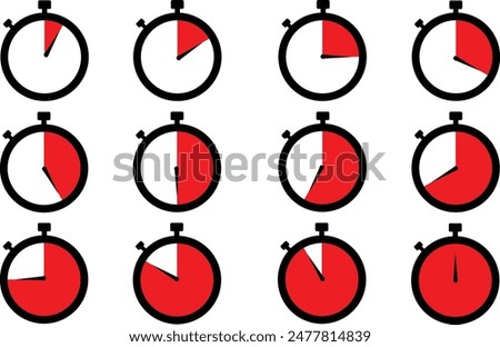 vector stopwatch or timer icons set (eps) for accurate speed ​​measurements, countdown from 0 to 60 minutes. timer. vector solid fill illustration.