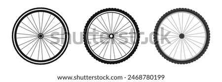 Bicycle wheel vector set. Bike tires flat and black silhouette style.