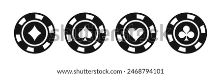 Casino chip vector icon set. Ace, spade, diamond and club gambling icons.