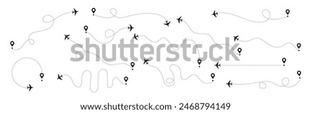 Plane flight path vector set. Airplane flying dotted line to destination collection.