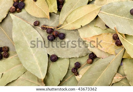 Background of bay leaves and black peppercorns